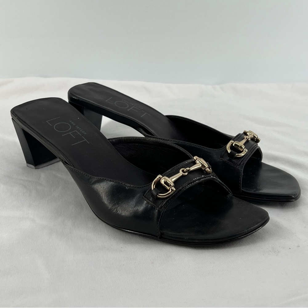 Ann Taylor Loft Black Leather Open-toe Slide Sandals Horse Bit Buckle Women’s 8